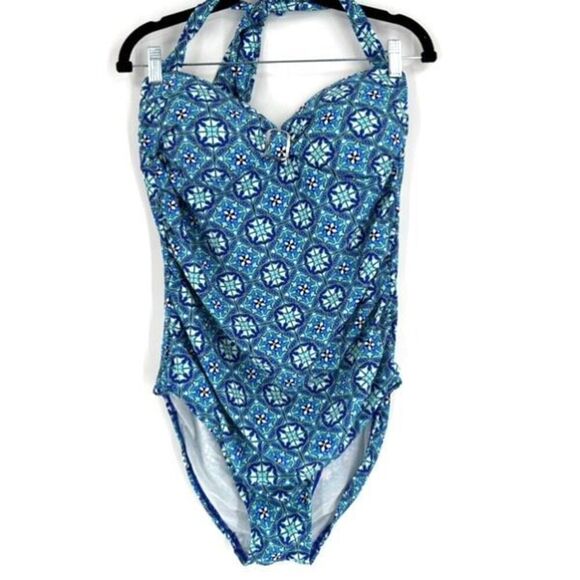 SPANX Assets FIESTA BLUE PATTERNED HALTER 1 PC BATHING SUIT SWIMSUIT XL - Picture 2 of 9